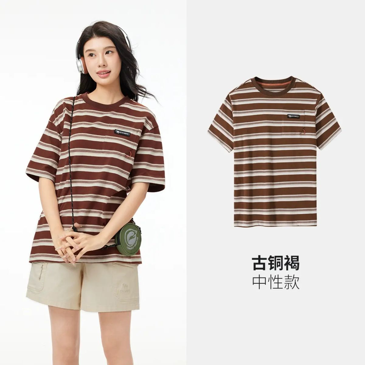 【100%純棉T】駱駝戶外T恤女夏季圓領透氣寬鬆彈力條紋短袖上衣男