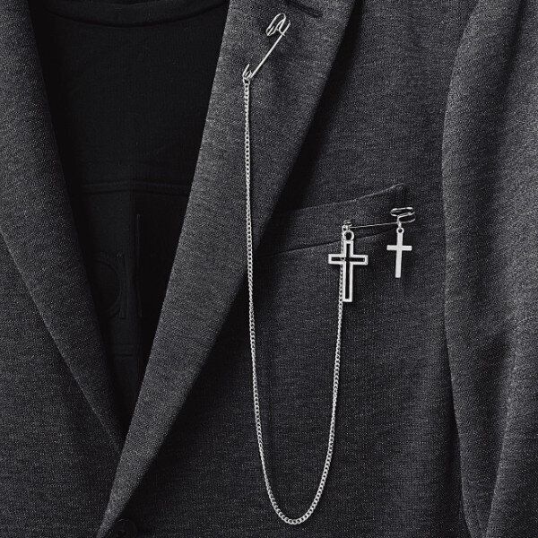 簡約朋克別針夾鍊鍊條胸針男女長款十字架胸針配飾