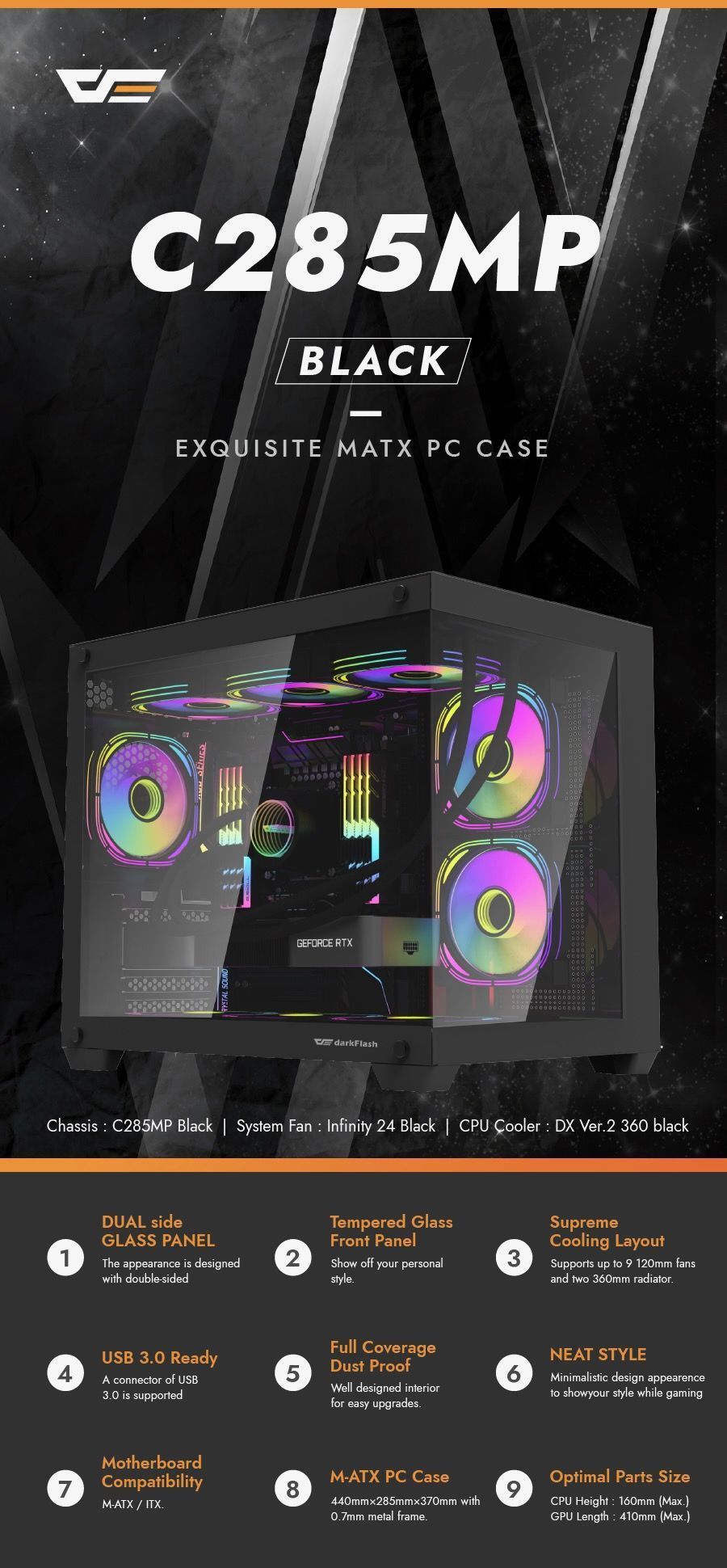 darkFlash | C285MP M-ATX PC Case [Black] Dual-side glass panel *不包括風扇 ...