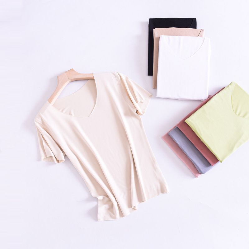 清仓艾草无痕莫代尔轻薄透气女士中大童青少年居家夏圆领V领短袖-圆领卡其 M/160cm（偏小建议大一码）