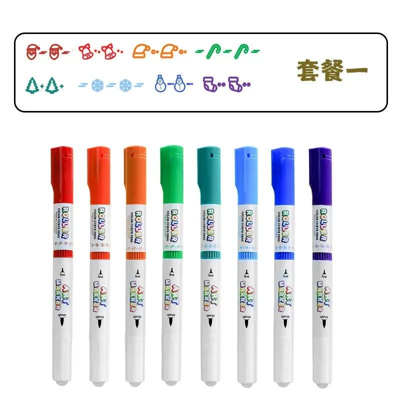 新款花型轮廓曲线笔荧光滚轮花边花色儿童手帐彩色标记荧光手抄报