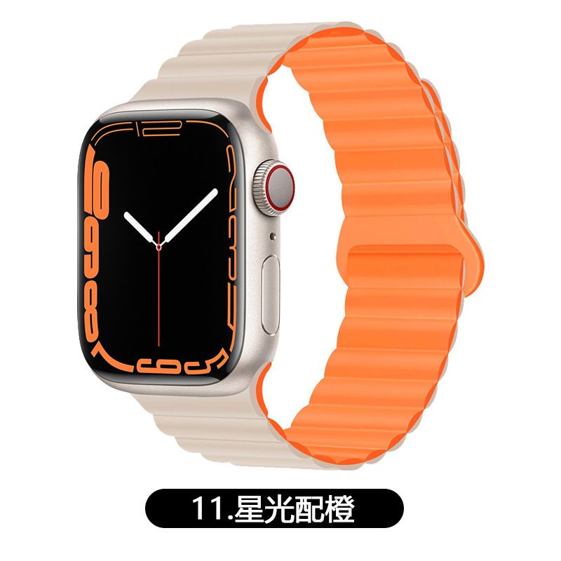 適用Apple Watch 1-9代/SE 磁吸回環錶帶 雙色設計 運動防水 香港熱賣- 11星光配橙 適用蘋果1-9代【38/40/41mm】