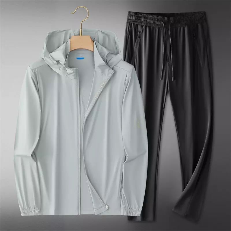 冰感丝滑套装男夏季中老年速干透气户外运动防晒衣长裤搭配两件套