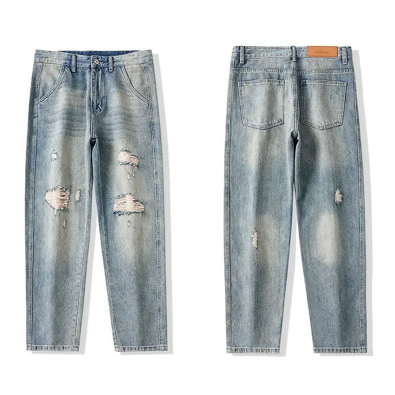 美式設計感潮牌破洞渣男牛仔褲男老錢風百搭哈嘩微錐褲老爹休閒褲