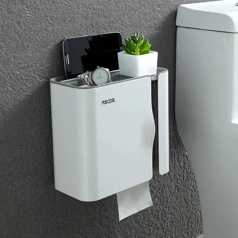 Bathroom Waterproof Toilet Paper Holder, Wall-mounted No-drill Roll Tissue and N