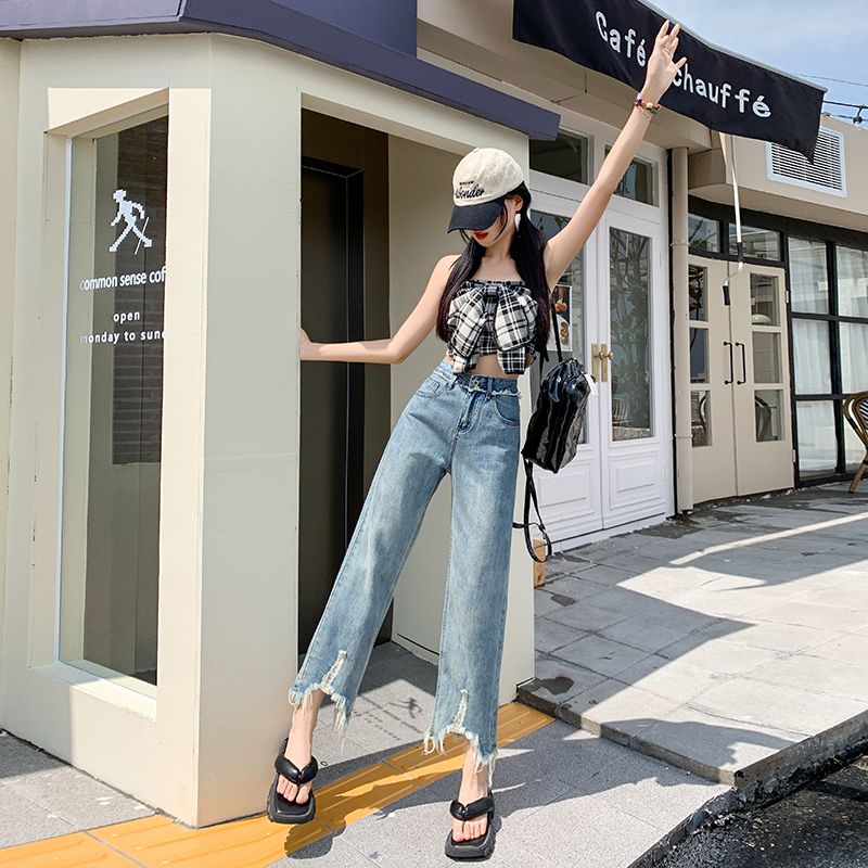 2025年夏季高腰毛边不规则裤脚直筒牛仔裤女小个子薄款宽松阔腿裤-蓝色 XL