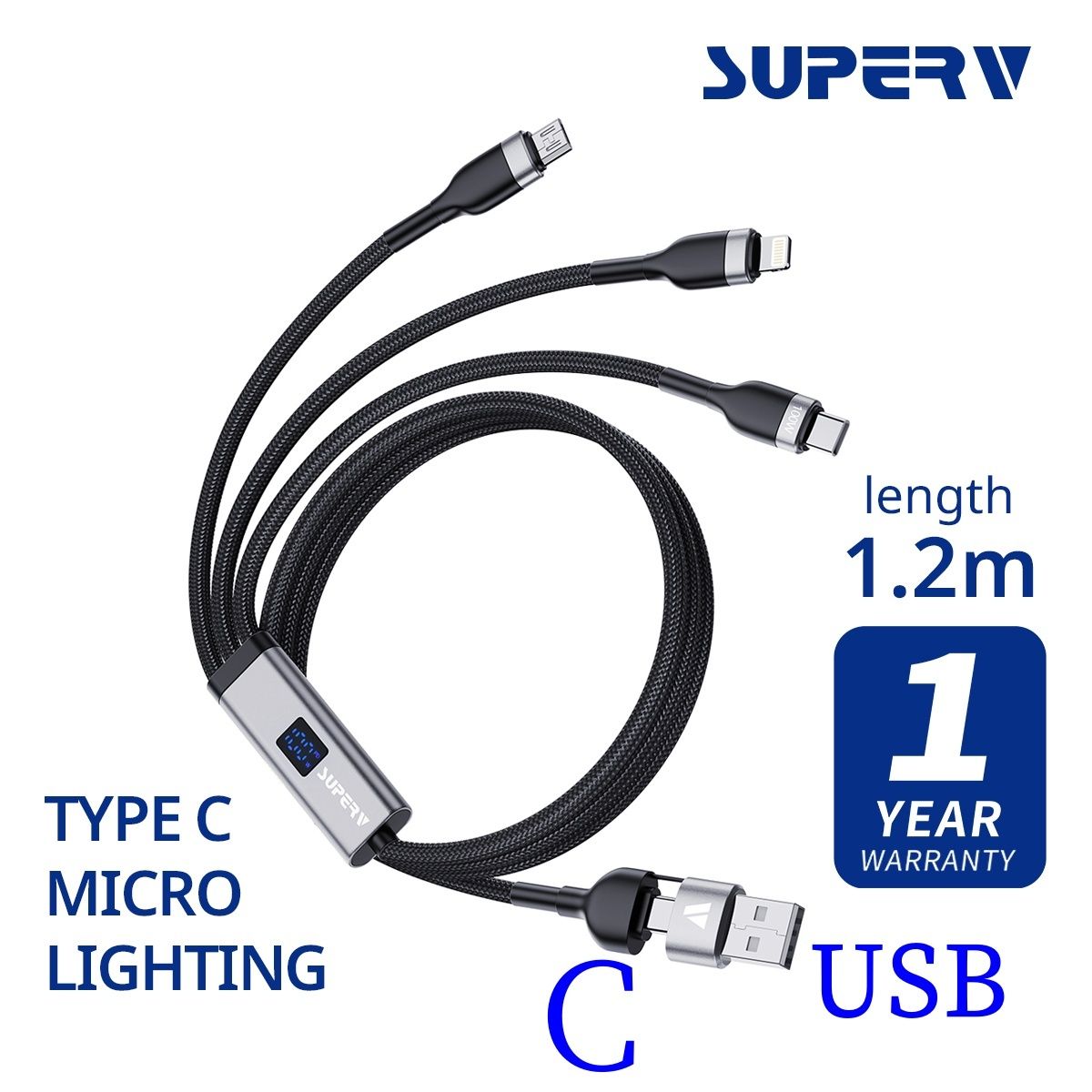 五合一充電線 快速充電100W USB連接線 iPhone iPad 快速充電線(Lightning / Micro USB / Type-C) - 1.2米 (120cm)RT52