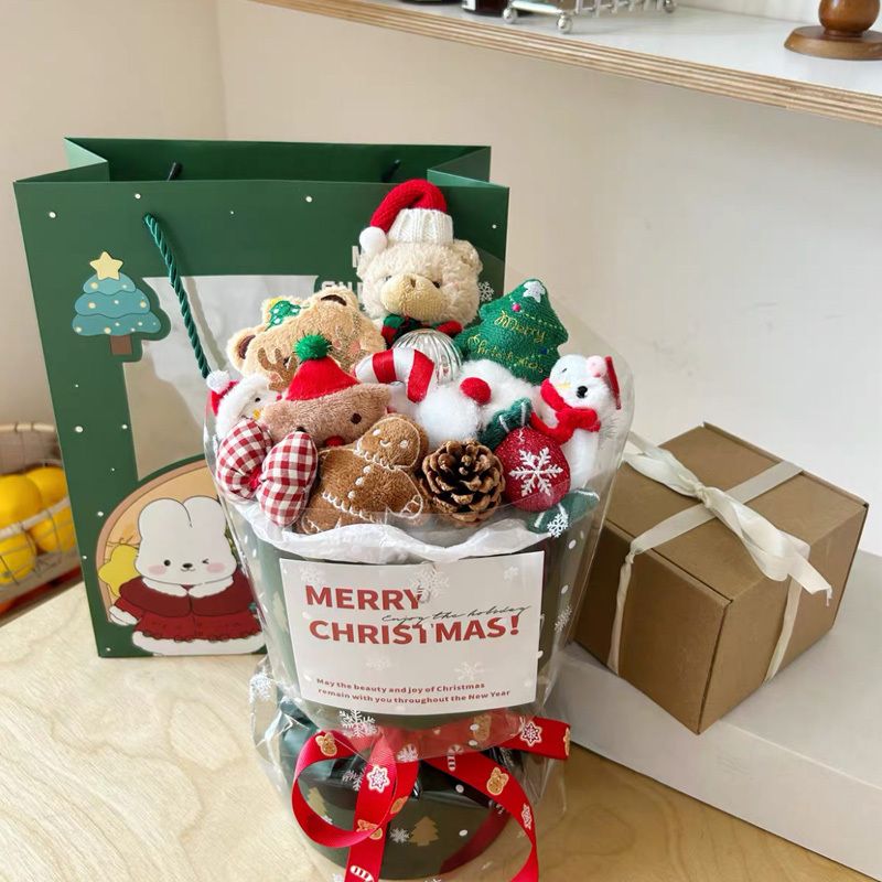 聖誕小熊禮物花束 毛絨玩具公仔 情人禮物擺飾 包賀卡禮物袋燈串