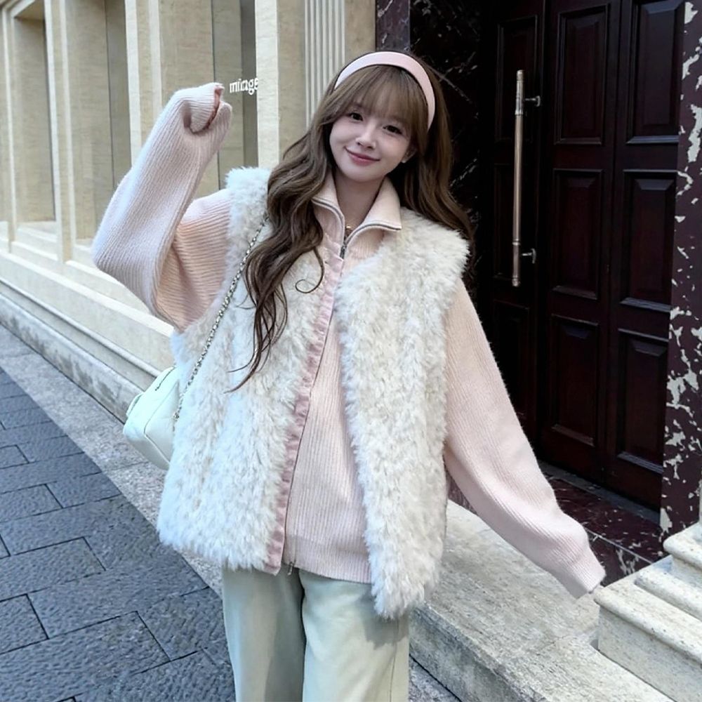 巨好看的初冬新款穿搭一整套韩系温柔风毛绒马甲粉色针织上衣套装-开衫毛衣 S（75-90）