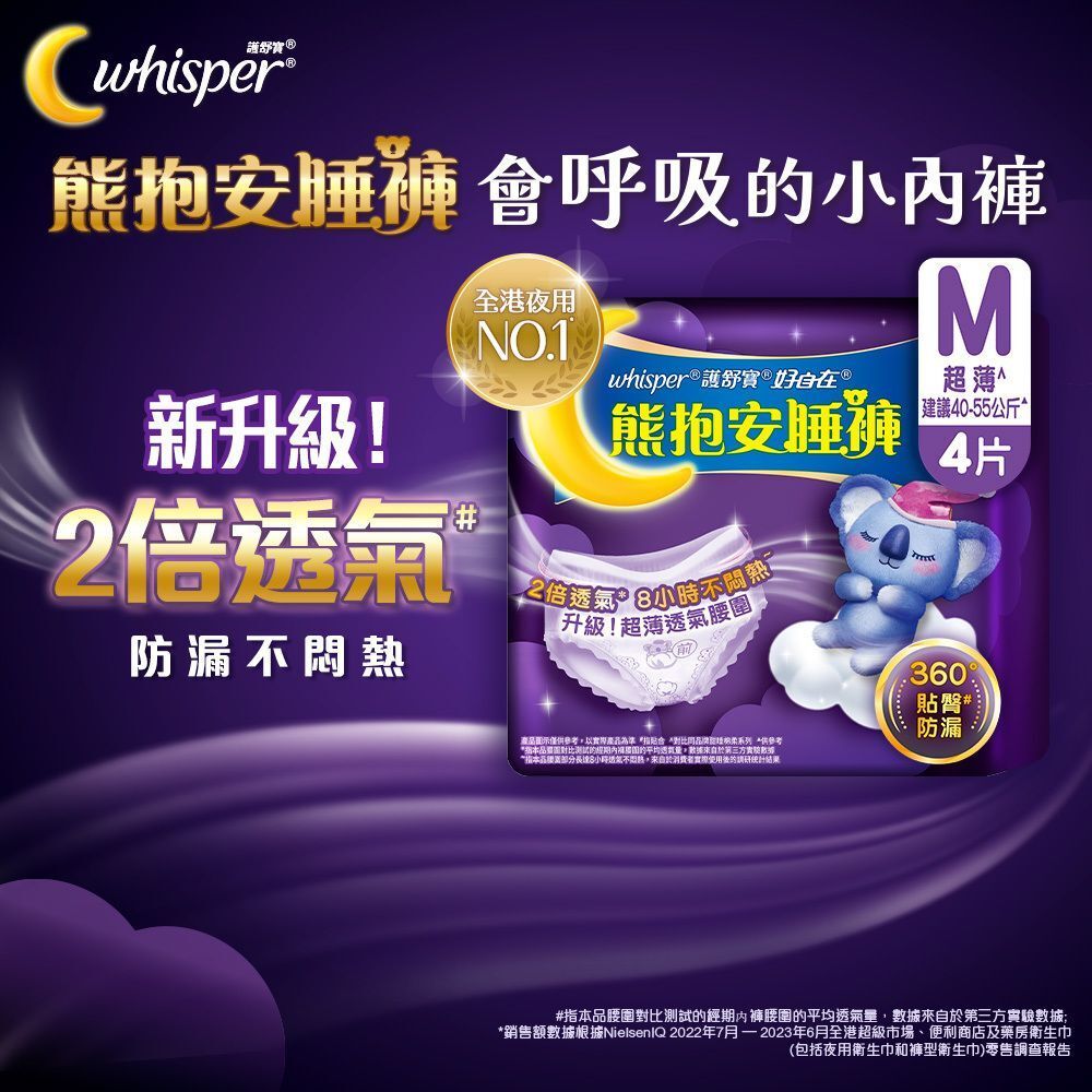 新升級熊抱安睡褲/褲型衛生巾/m巾 - 夜用中碼4片 (會呼吸的小內褲 2倍透氣 防漏不悶熱) (新舊包裝隨機發送)