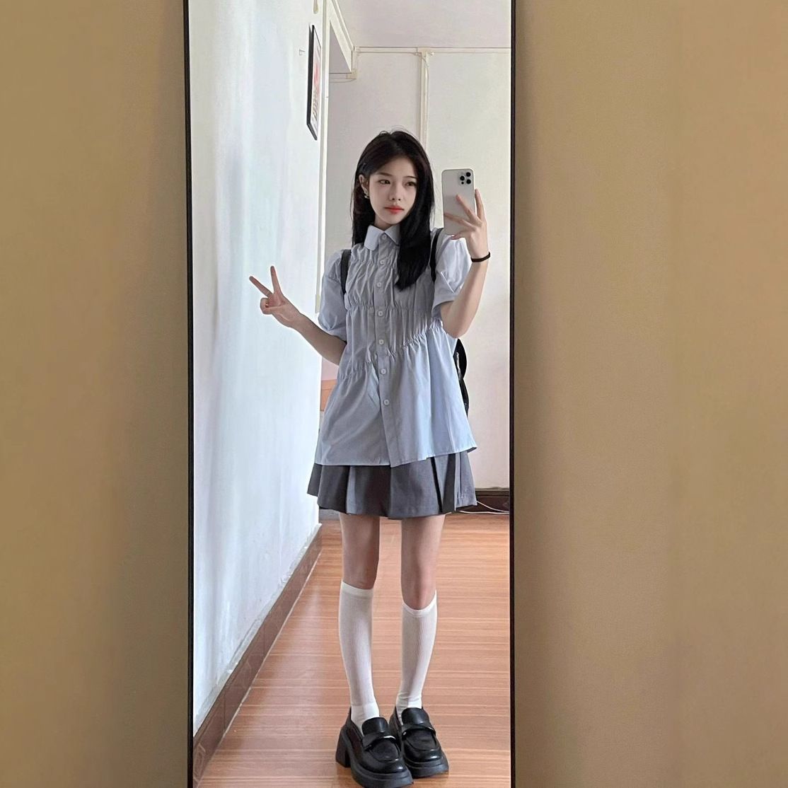 藍色短袖恤衫女裝 夏季學院風甜美寬鬆 純色襯衣韓系高級感皺褶上衣潮- 裙子 S