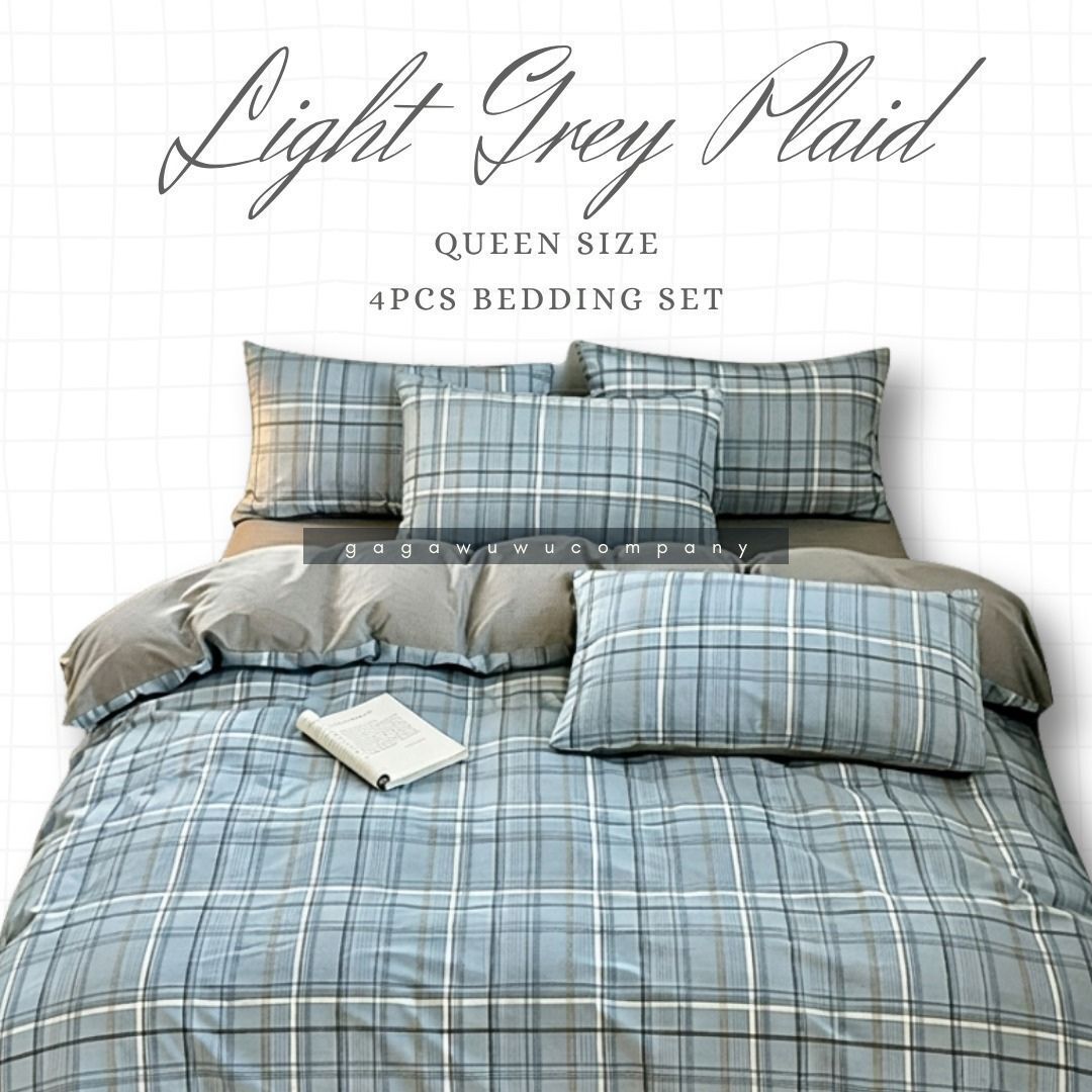 淺藍灰格紋 5呎 152x200cm Queen 加大雙人 被套床笠枕袋4件床品套裝 Light Grey Plaid Fitted Sheet Quilt Cover Pillow Cases