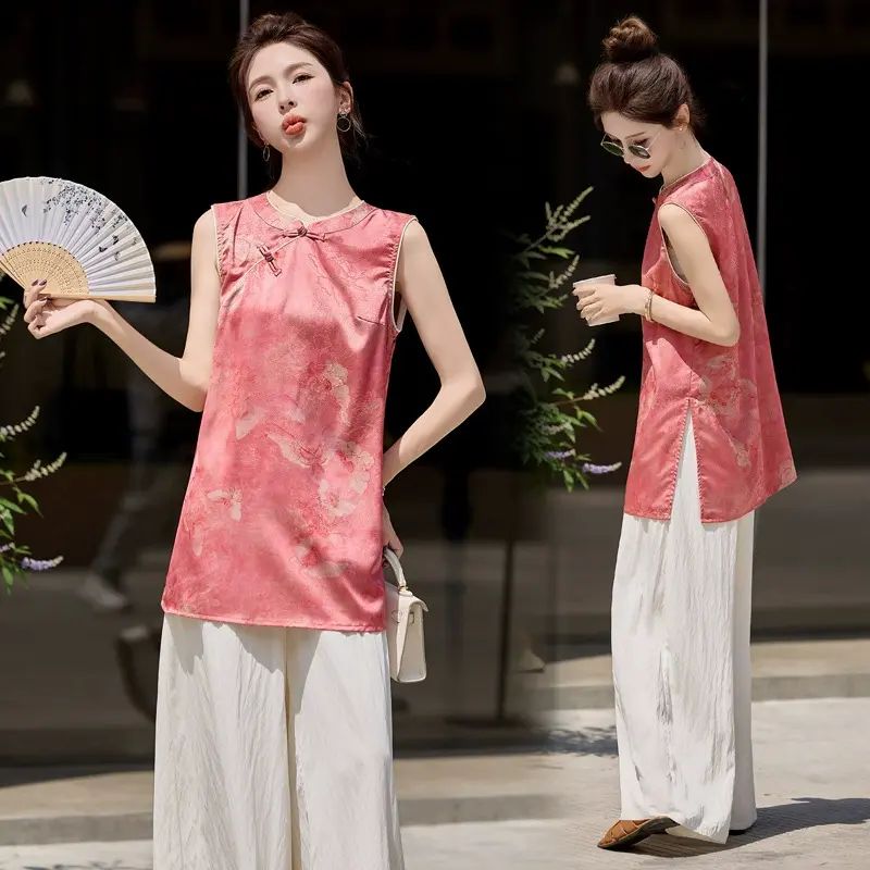 时尚套装2026夏新款印花新中式立领无袖衫配阔腿裤两件套 YF2590