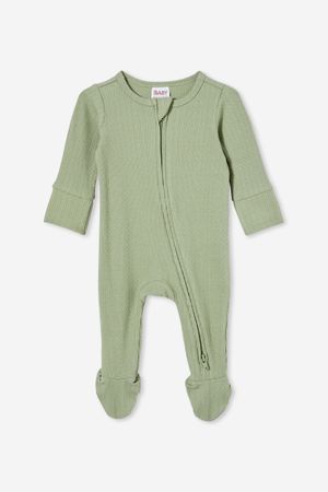 Cotton On Kids - Organic Pointelle Zip Romper - Deep sage