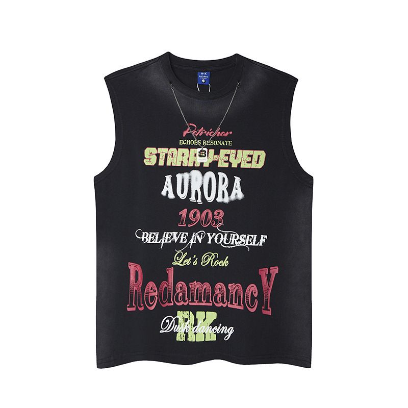 Trendy Jet Letter Print Niche Design Sleeveless Necklace T-Shirt Men Summer Couple Candleback Vest
