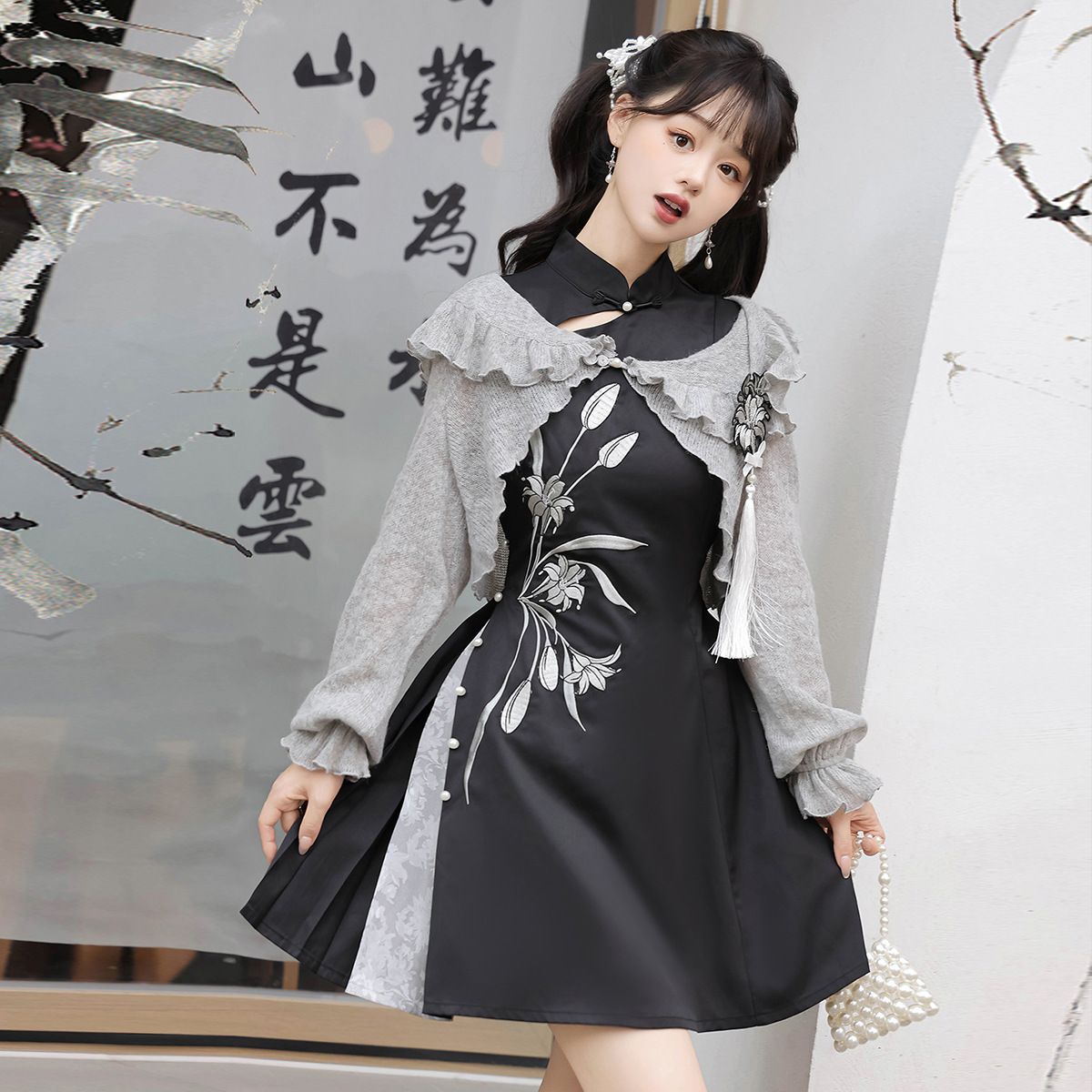 原創灰百合漢服女改良日常漢元素中國風新中式上衣連衣裙套裝93