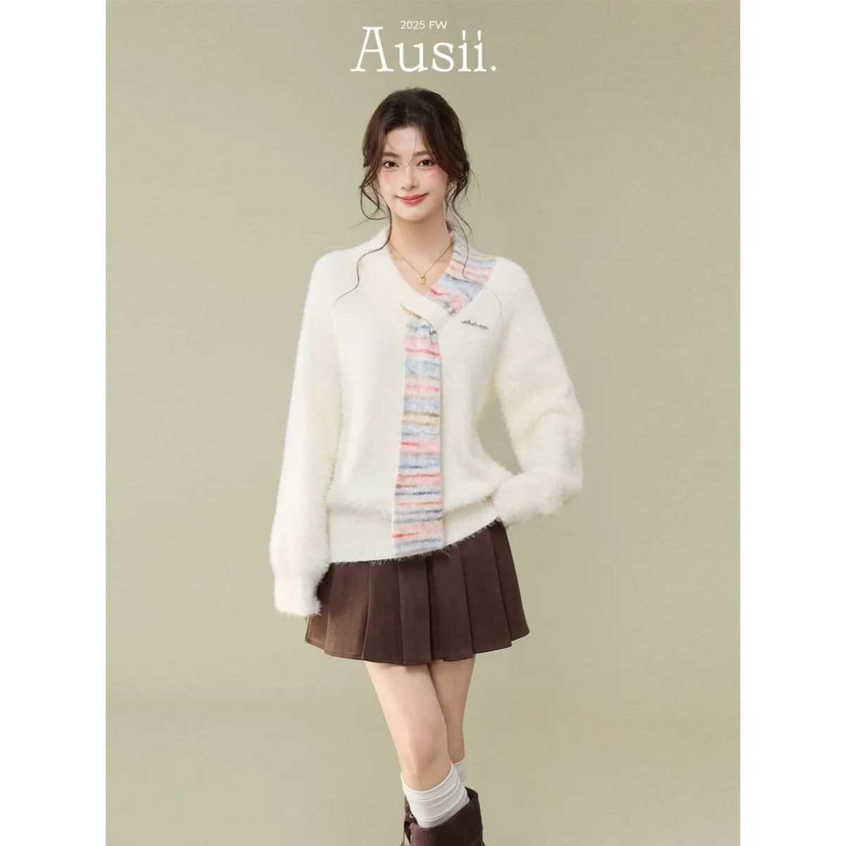 AUSII韓系穿搭秋冬套裝軟糯毛茸茸冷衫女針織衫加絨頸巾上衣短裙-米白色（上衣） S-款式2