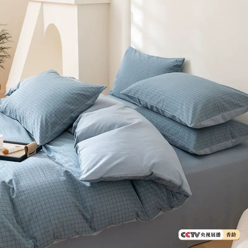 A类全棉色织水洗棉床上四件套纯棉100简约床品被套床单三件套