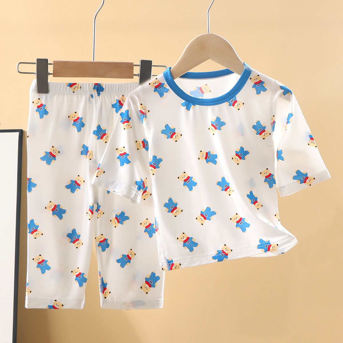男童女童家居睡衣套裝 艾草除菌七分袖 夏季薄款兒童睡衣- 優可絲-藍色小熊 80cm（身高70-80）