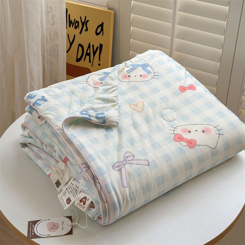 Blue Grid Cat | Air Quilt|A-class Maternal and Child Knitted Cotton|Summer Quilt (LCA509)