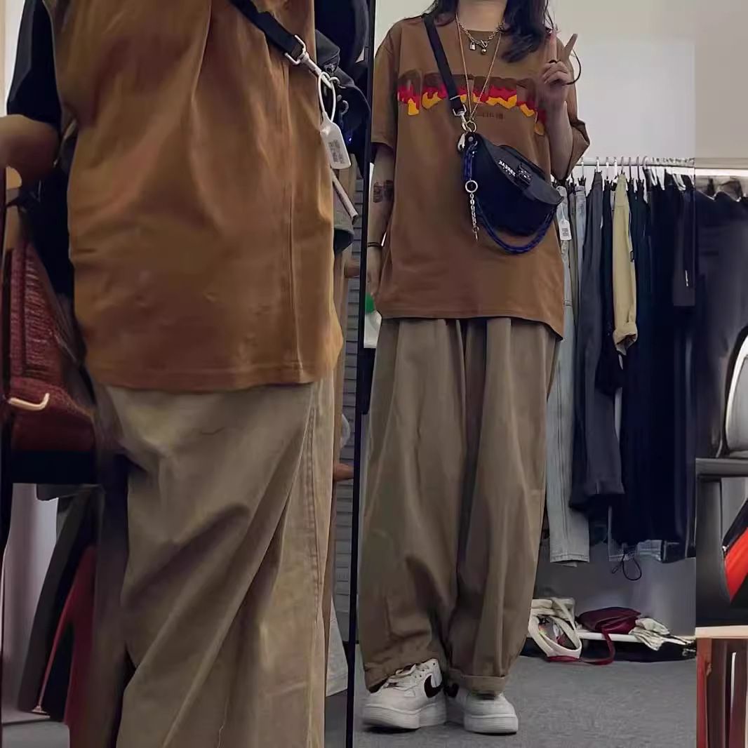 日系工装裤男潮牌宽松阔腿长裤春季复古百搭cityboy直筒休闲裤子-咖啡色 常规 L