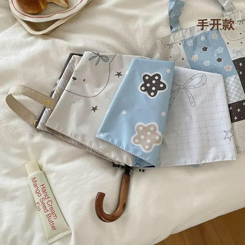 韓系彎鉤太陽傘防曬防紫外線晴雨遮兩用便攜女摺疊手動黑膠遮陽傘