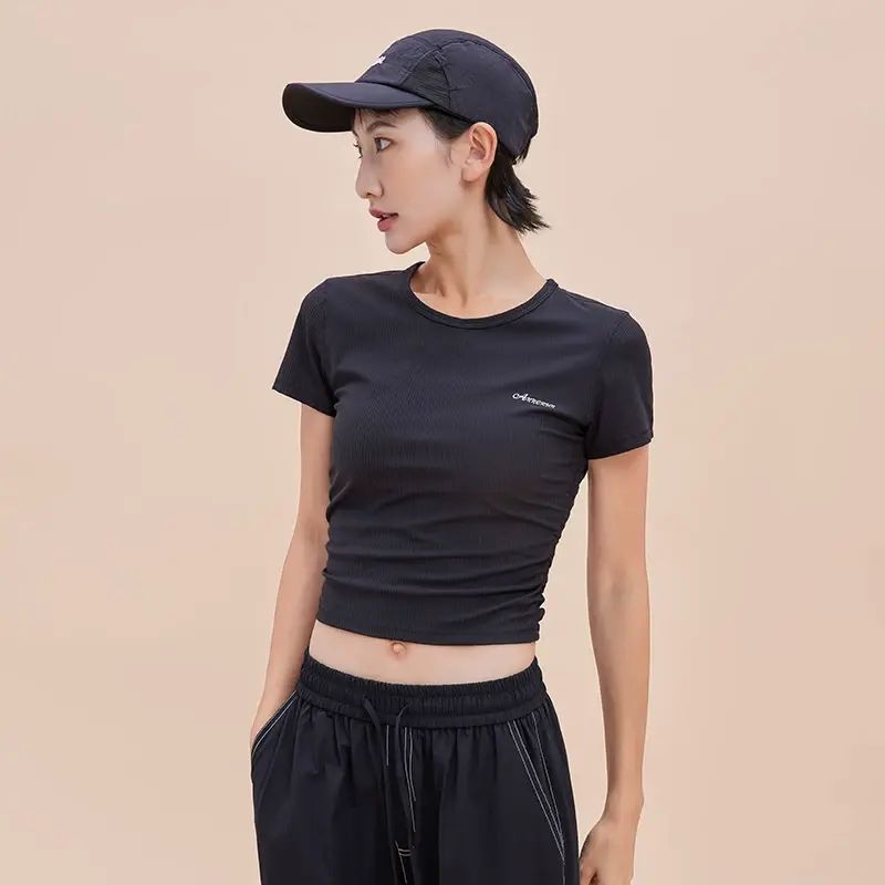 annerun健身t恤女速干短款運動短袖夏新款羽毛球服修身瑜伽服上衣-黑色 S