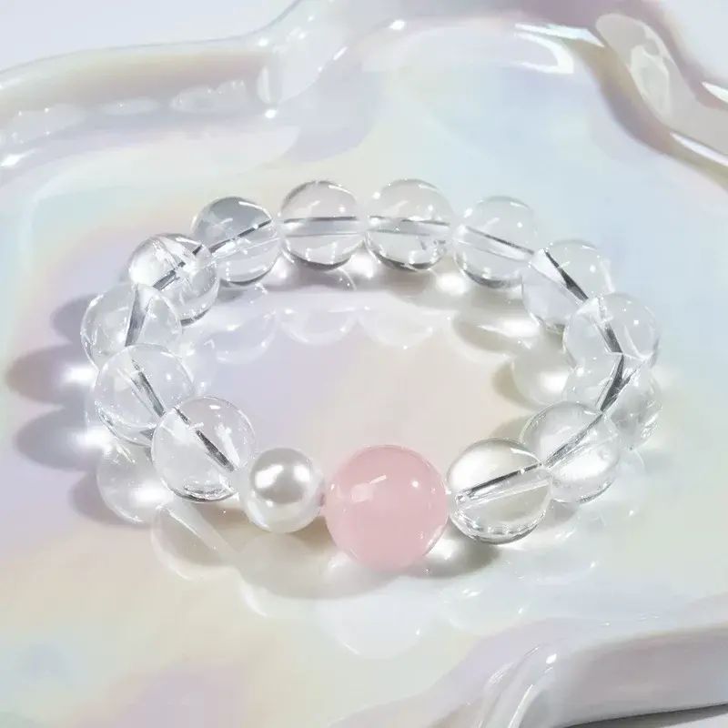 天然 東海白水晶原石高階水晶手鍊女款清透高階感粉晶手串10-12mm