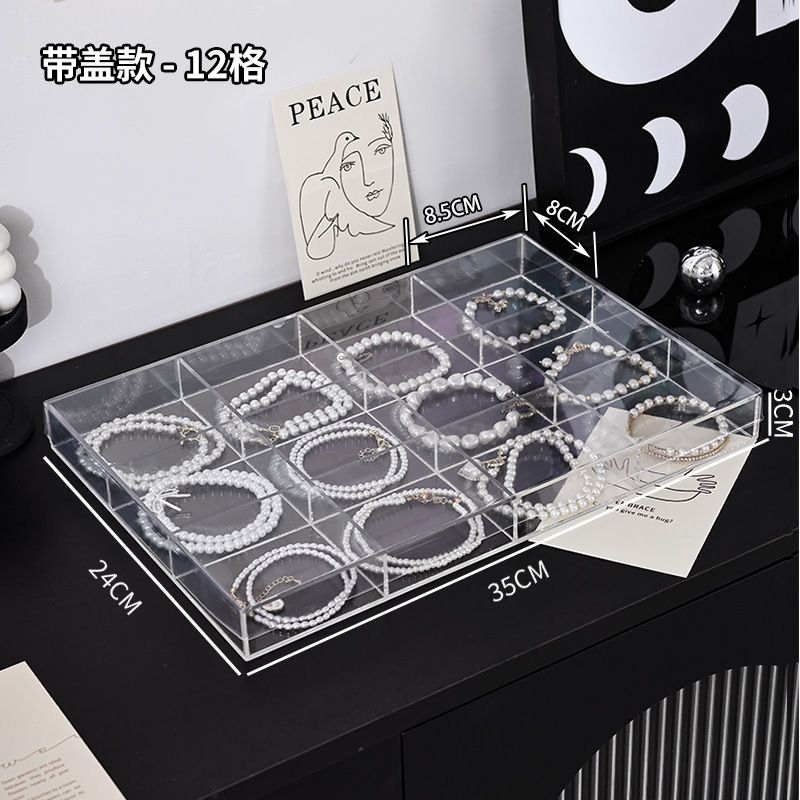 首饰盒 珠宝收纳盒 女士珠宝盒 项链饰品耳钉耳环戒指珠宝箱 首饰收纳盒 多功能饰品收纳盒-透明12格托盘带盖