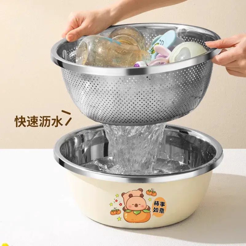 食品級加厚不鏽鋼洗餸盆廚房家用烘焙盆洗生果瀝水籃新款加深漏盆