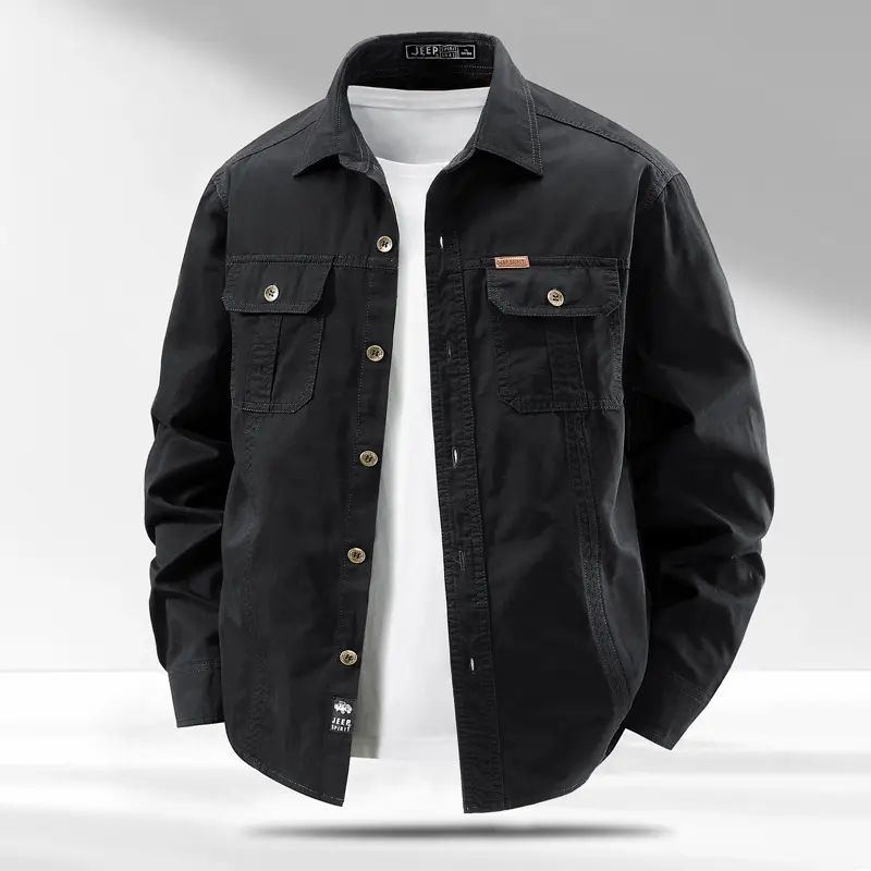 纯色大码春秋季男衬衣上衣工装户外休闲百搭水洗纯棉长袖宽松