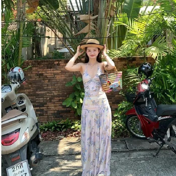 辣妹碎花吊帶長裙 海邊度假顯瘦露背 網紗收腰連身裙- 圖片色 2XL