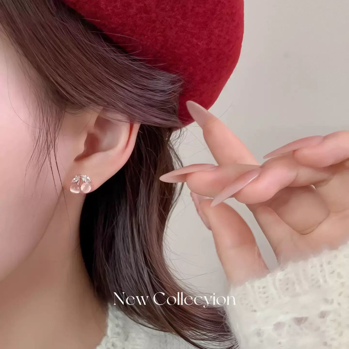S925純銀針貓眼石櫻桃耳釘女氣質少女小眾設計感耳環甜美高級耳飾