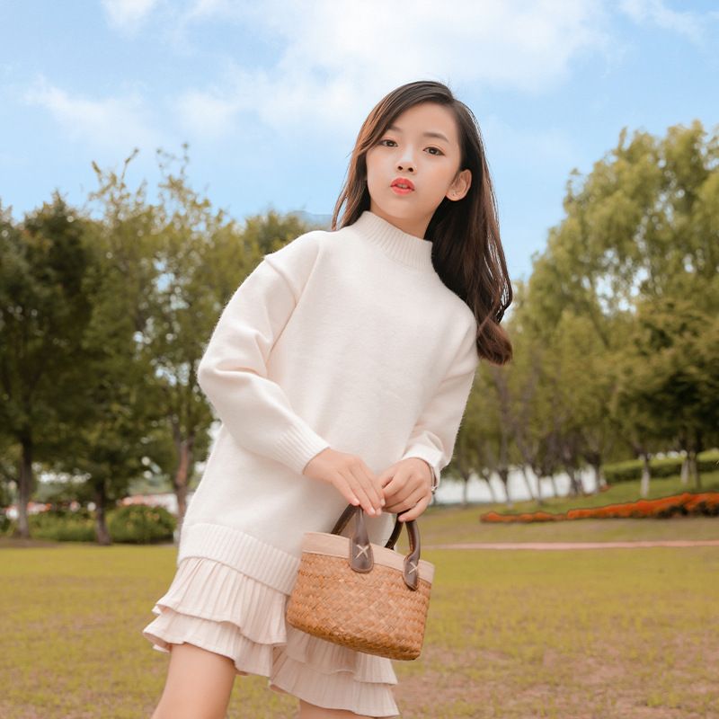 百搭女童毛衣裙秋装新款中大童中长款裙子儿童打底毛衣针织连身裙