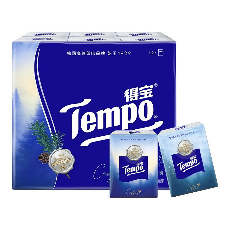 Tempo得寶手帕紙雪松香12/36包4層加厚小包紙巾印花學生宿舍攜餐巾紙平行進口
