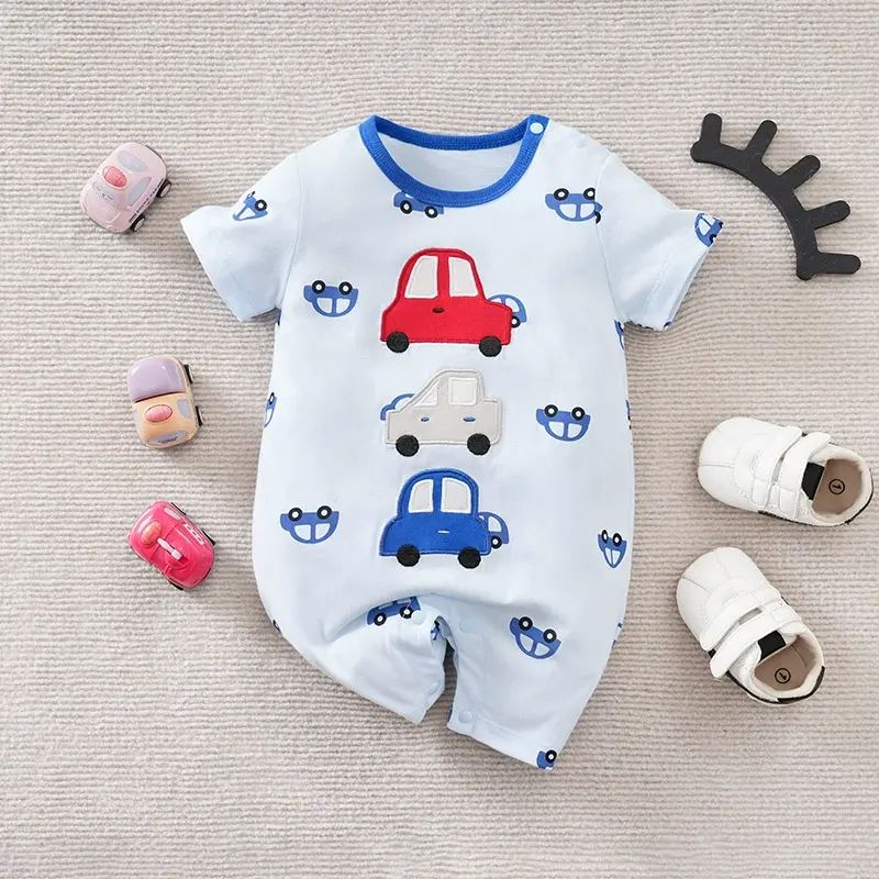 依爾嬰嬰兒連體衣夏季短袖純棉卡通小汽車爬服新生兒衣服夏裝哈衣