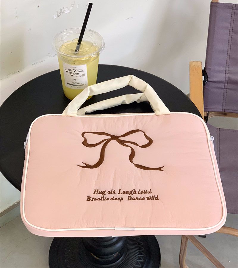 韓國ins可愛刺繡蝴蝶結ipad平板電腦11/13/15寸手提筆記本收納包 粉色