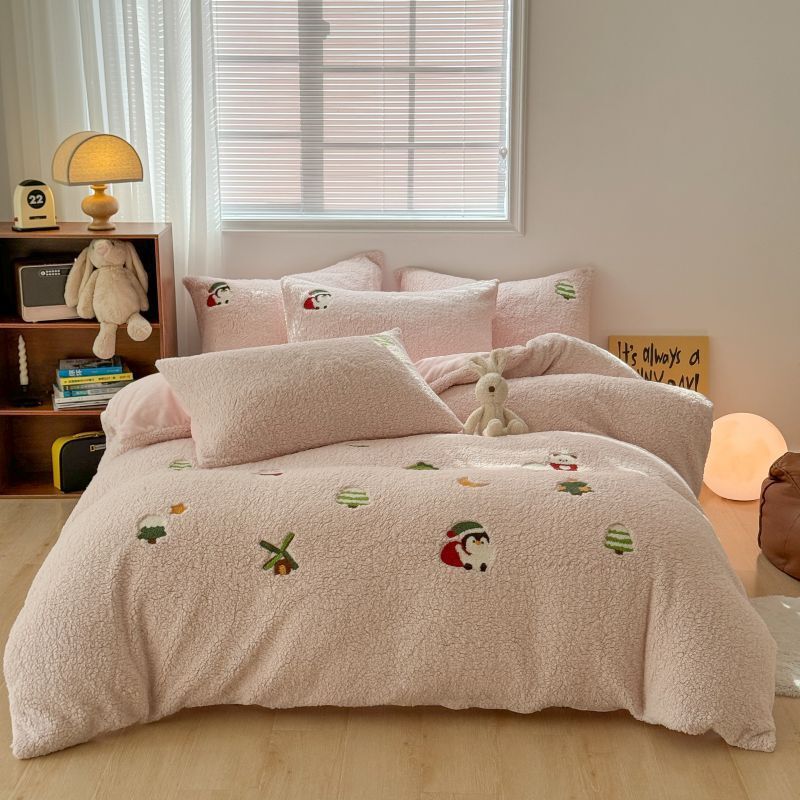 Lamb Fleece Four Piece Set|Cartoon Bed Sheet and Duvet Cover|Thickened Warm Four Piece Set (LCA-122)