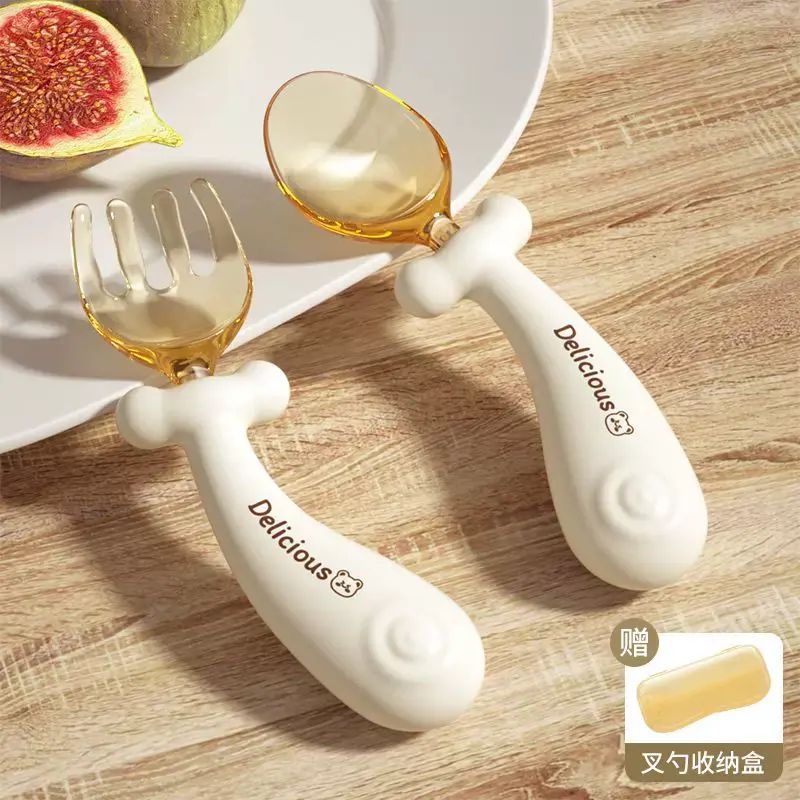 宝宝自主进食一岁辅食勺子学吃饭训练儿童硅胶不锈钢叉勺婴儿短柄