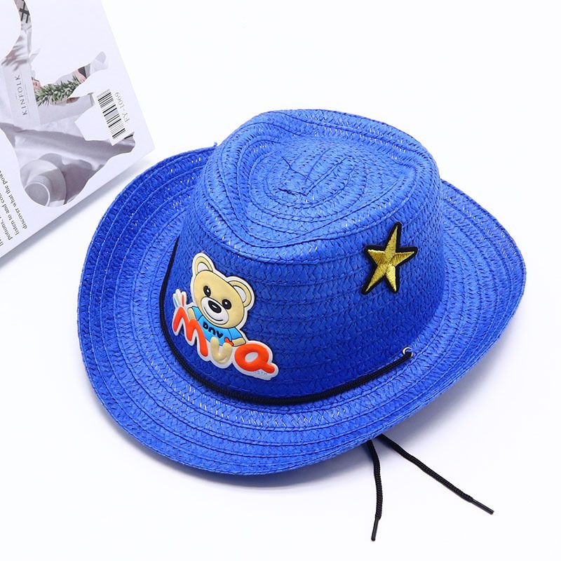 兒童防曬帽 夏日沙灘帽 嬰兒爵士帽 卡通草帽 男女童帽 透氣遮陽- MVQ熊深藍 建議2-10歲