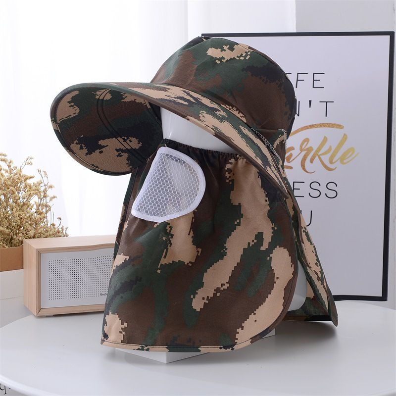 男士防曬帽戶外透氣護頸披肩帽 防紫外線防蟲登山釣魚遮陽帽- 大檐迷彩披肩花紋 均碼【送防風繩】