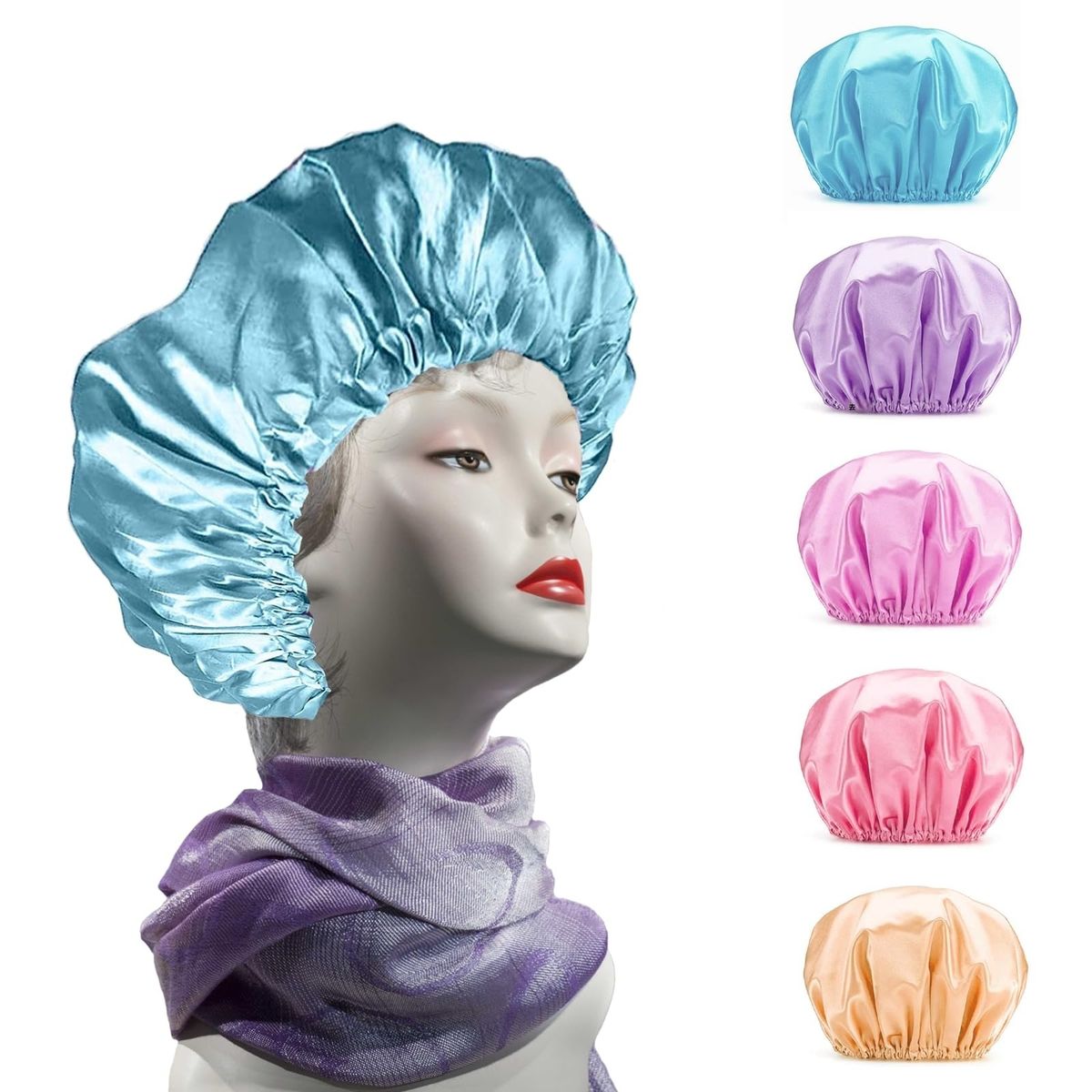 5 件可调节丝绸睡帽 - 可重复使用且舒适的卷发睡帽，缎面卷发帽，适合睡眠、沐浴和烹饪、梳理头发（颜色随机）