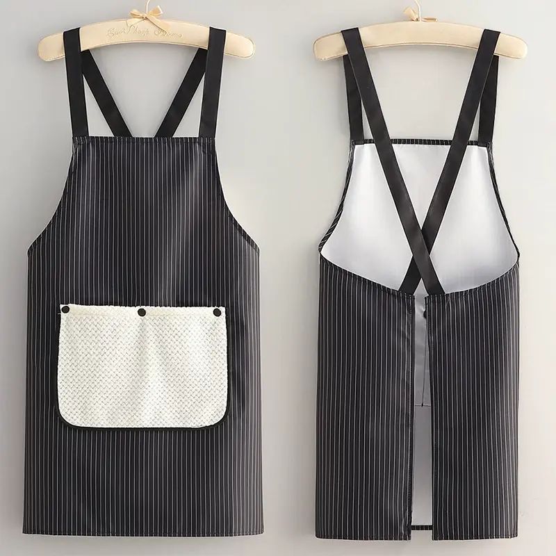 防水圍裙女廚房煮飯可拆式腰帶毛巾條紋高級感可擦手- 黑色（豎紋交叉帶無袖圍裙） 均碼