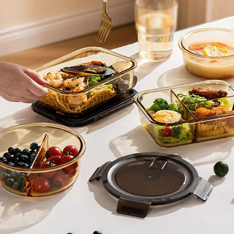 玻璃饭盒可微波炉加热的学生上班族带盖餐盒保鲜分隔型便当碗