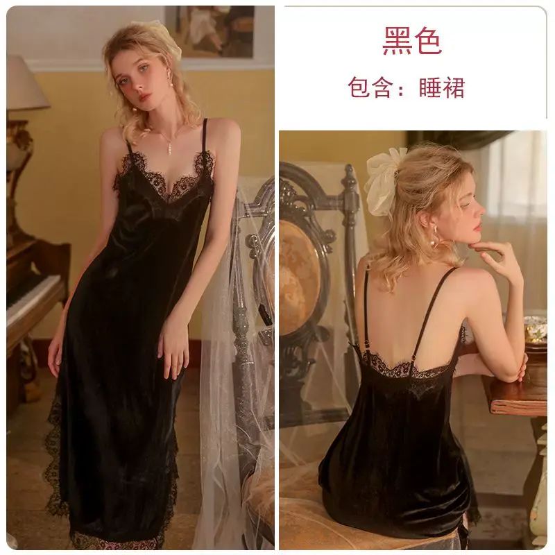 秋冬新款金絲絨長款性感女睡衣套裝吊帶裙睡裙純色蕾絲睡袍兩件套