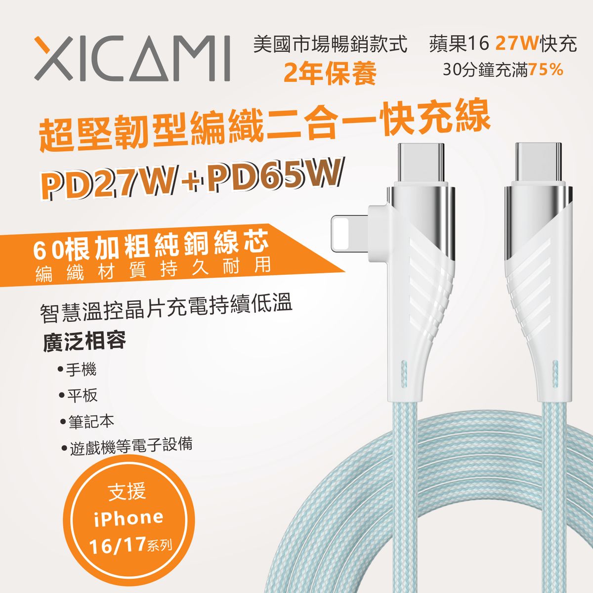 超坚韧编织2合1快充线PD65W手机充电线加长1米苹果iphone安卓Android数据线iPhone三星充电线叉电线快速充电线Type-C移动电源充电线（蓝白色）