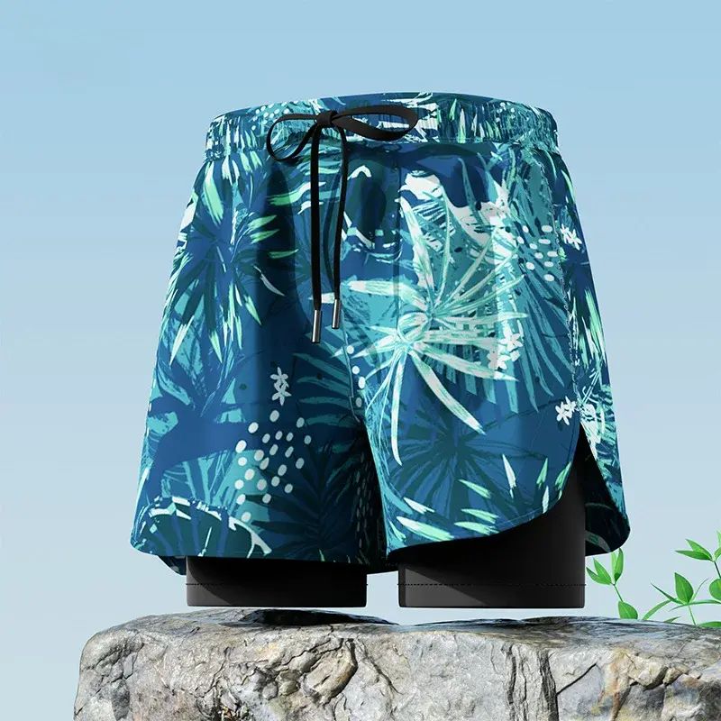 跨境双层宽松游泳裤男士大码速干泳裤运动时尚花裤防尴尬沙滩短裤