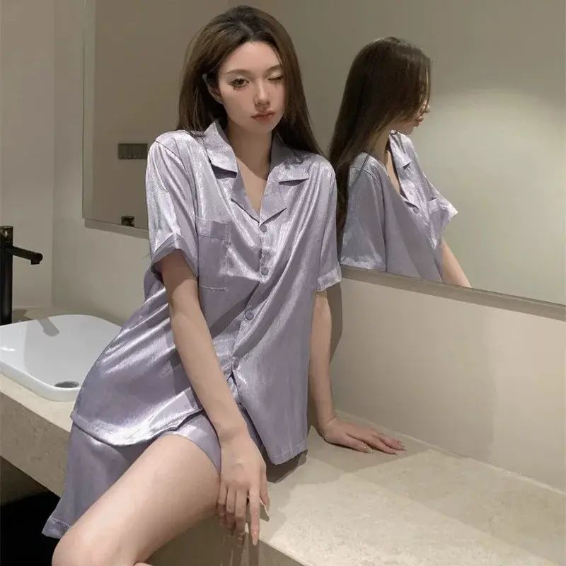 冰丝短袖睡衣女夏季新款甜美简约开衫家居服两件套装