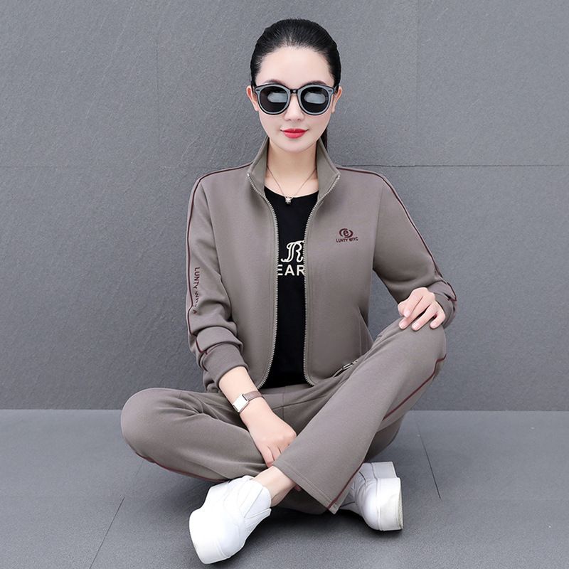 休闲运动服套装女春秋新款时尚中年妈妈装跑步开衫外套三件套