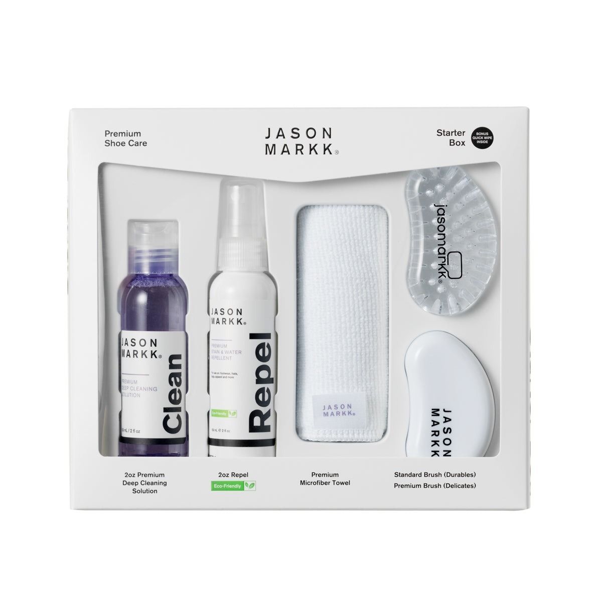 入門鞋子清潔5件套盒裝｜深層清潔溶液-2oz & 防水噴霧-2oz & 2款耐用清潔刷 & 超細纖維毛巾｜2oz清潔劑可清潔多達50雙鞋子｜安全用於所有材料｜0264